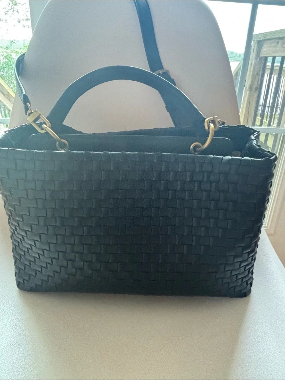 GUESS Black Woven Shoulder Tote with Gold Logo - Picture 3 of 5